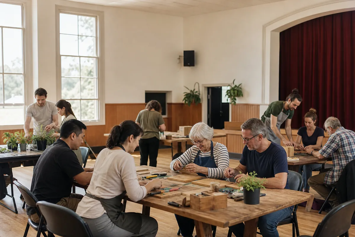 Illustration of neighbours learning a practical craft around tables in a community hall.