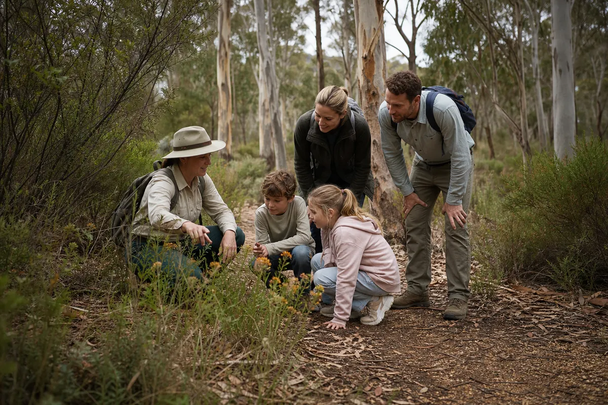 Illustration of a guided family nature walk among native South Australian plants.