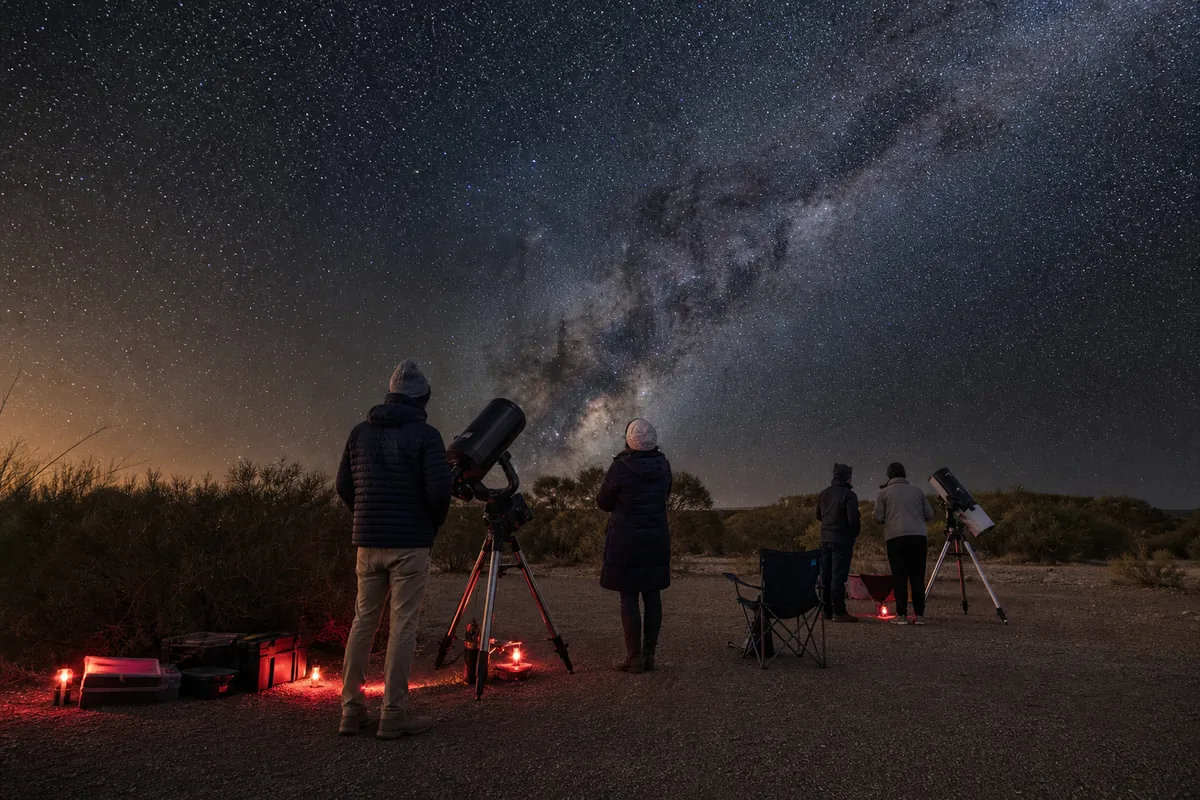 Illustration of a small astronomy gathering with telescopes under a dark regional sky.