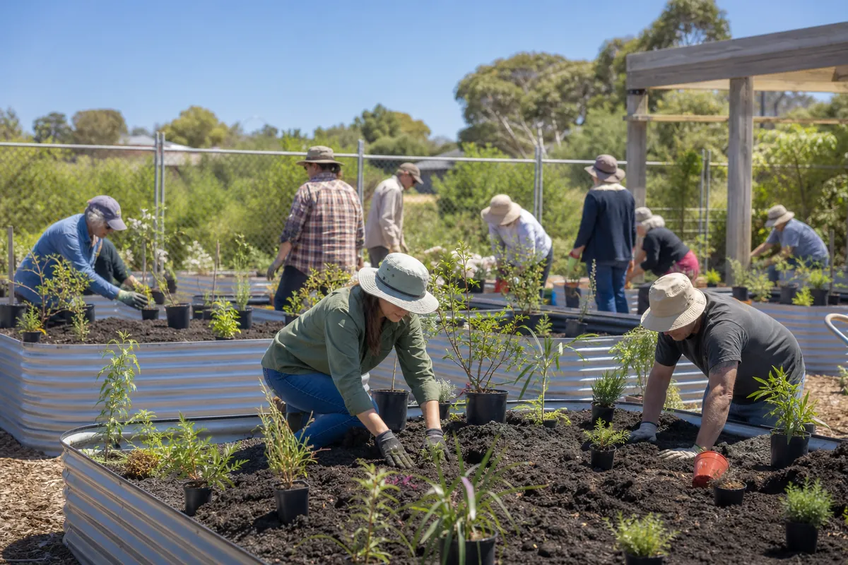 Illustration of volunteers planting native seedlings in a suburban community garden.
