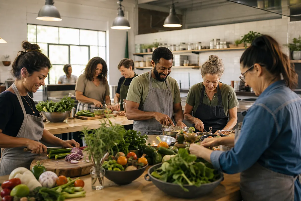 Illustration of adults preparing fresh produce together in a bright community kitchen.