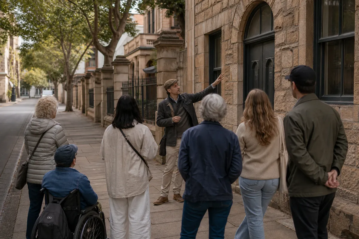Illustration of a local history walking tour beside Adelaide heritage buildings.