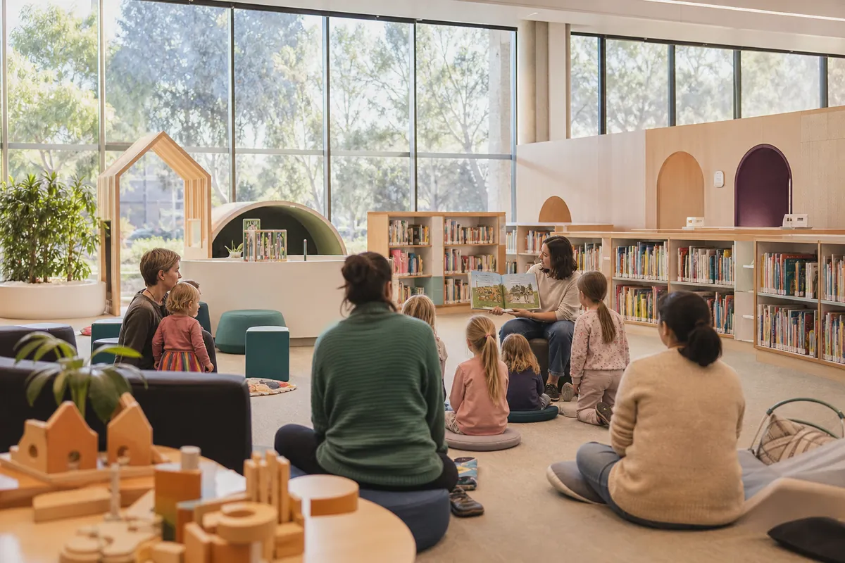 Illustration of a family story and creative play session in a contemporary public library.