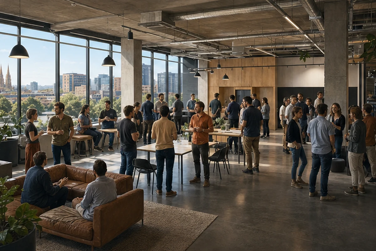 Illustration of a practical technology meetup and networking session in a modern Adelaide innovation hub. Wide establishing view.