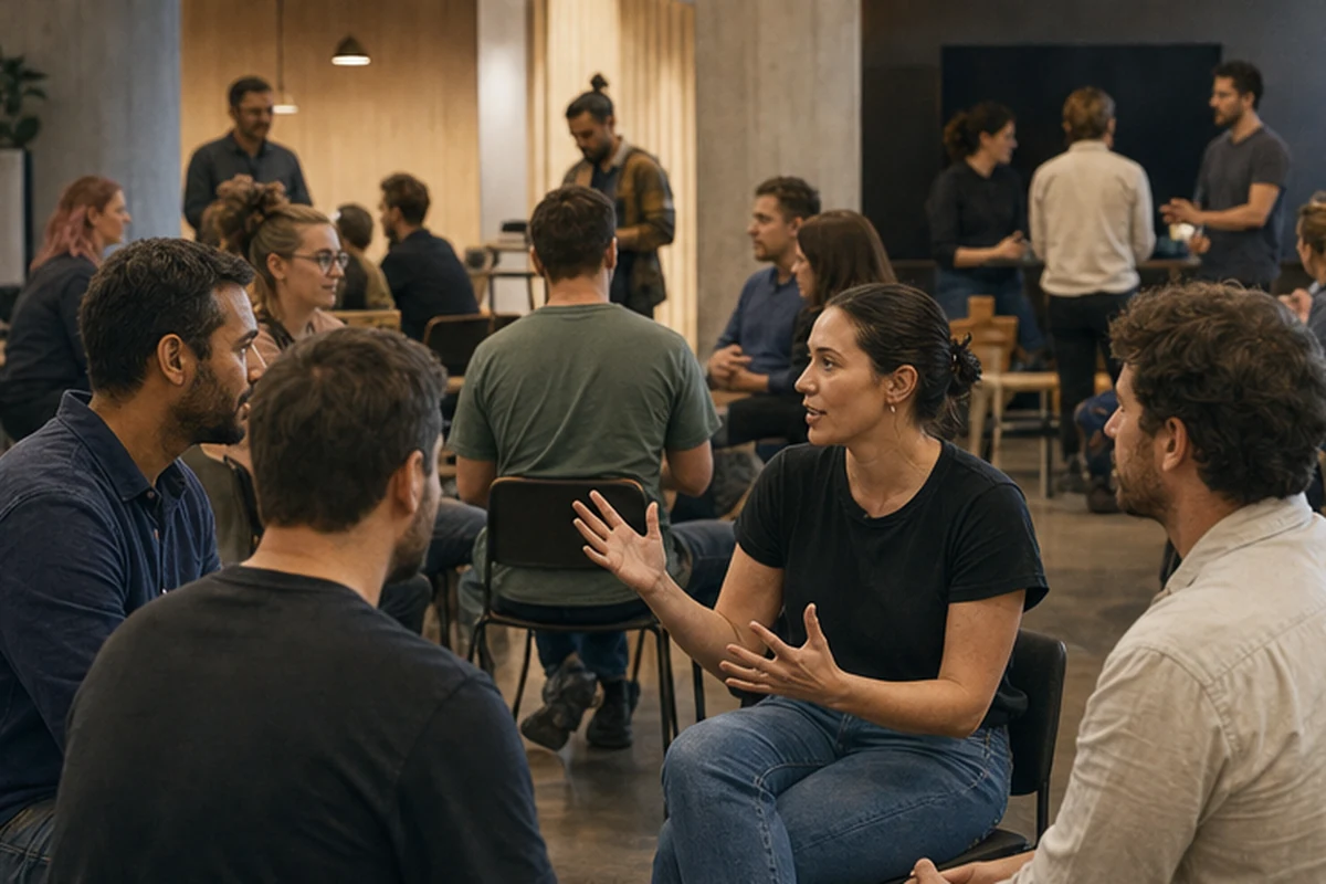 Illustration of a practical technology meetup and networking session in a modern Adelaide innovation hub. Candid participation view.