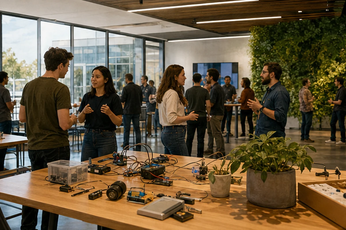 Illustration of a practical technology meetup and networking session in a modern Adelaide innovation hub. Detail-led view.