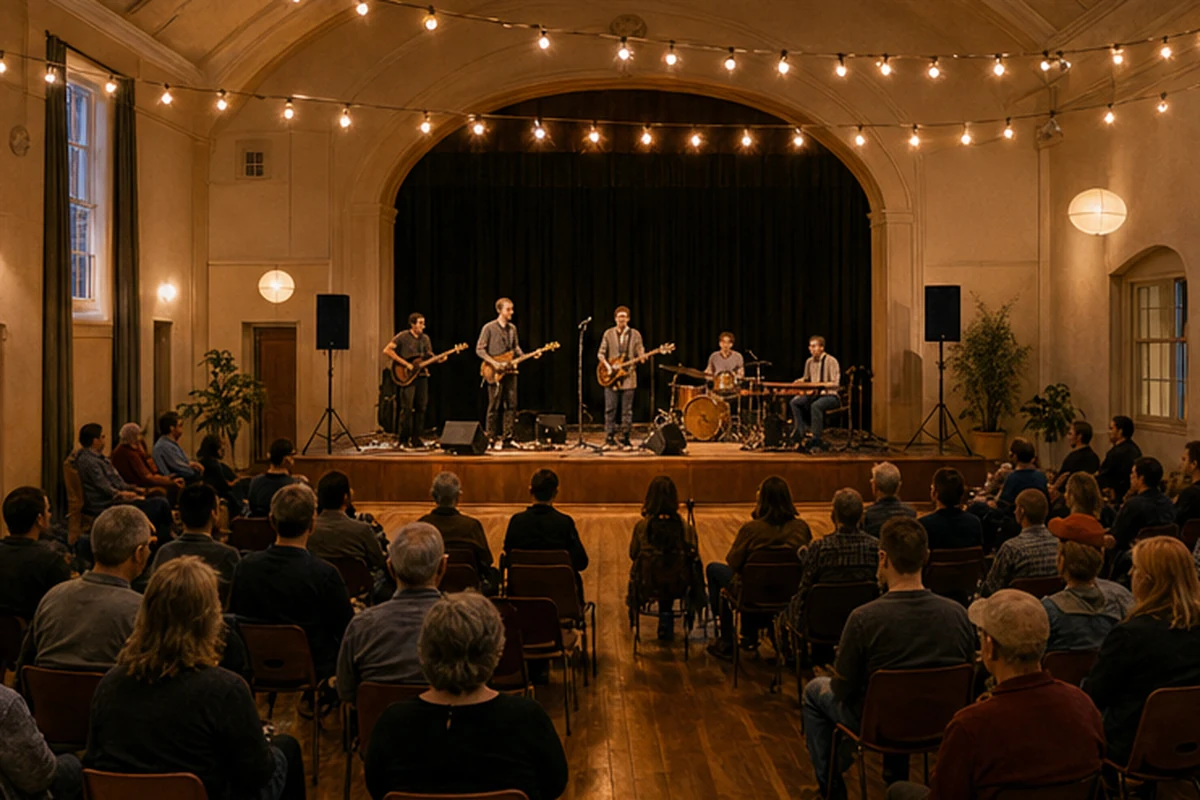 Illustration of a small community live-music performance with a local band in a welcoming hall. Wide establishing view.