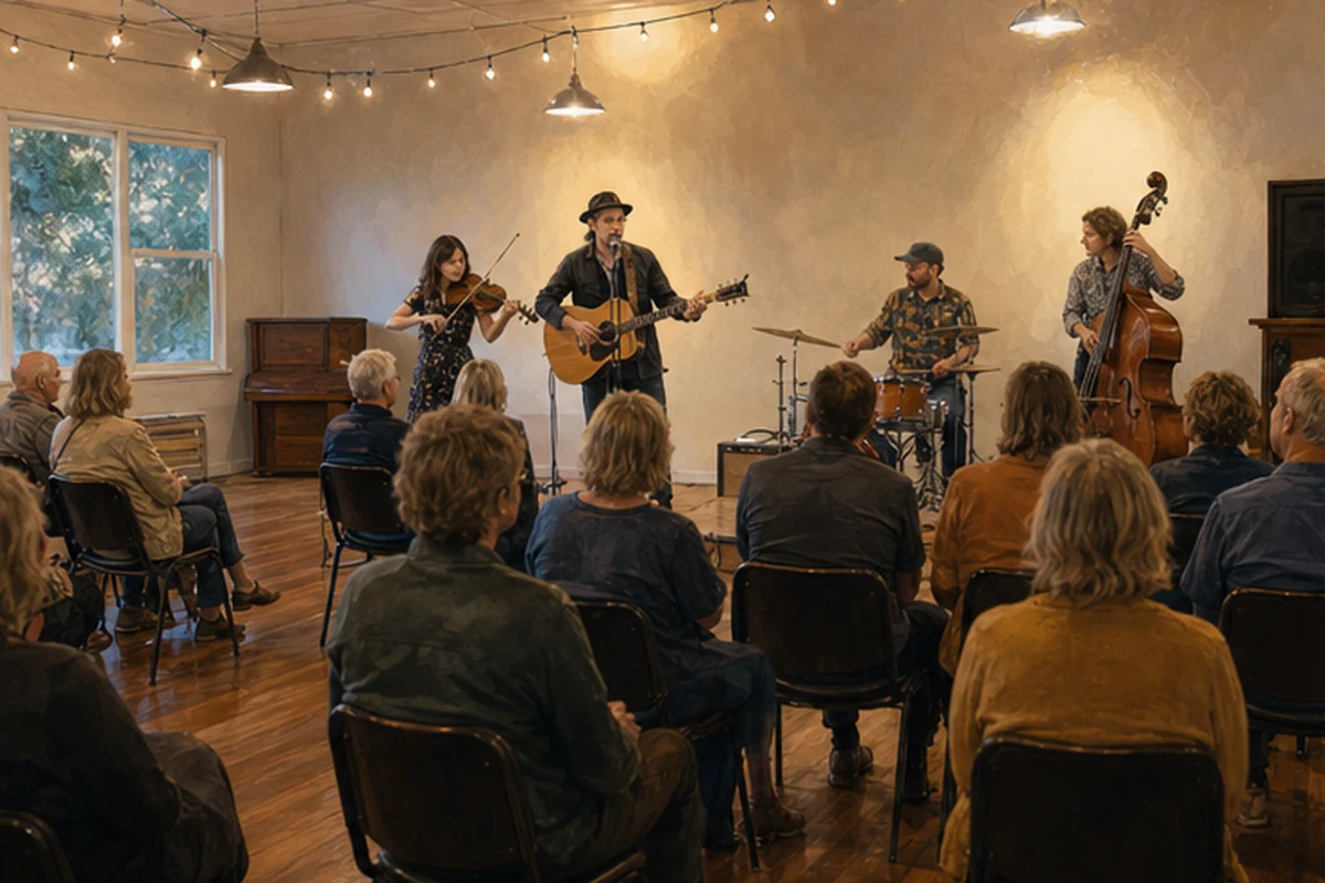 Illustration of a small community live-music performance with a local band in a welcoming hall. Candid participation view.