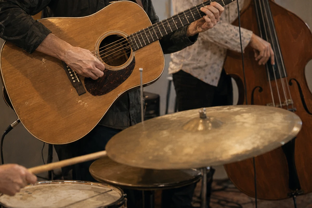 Illustration of a small community live-music performance with a local band in a welcoming hall. Detail-led view.
