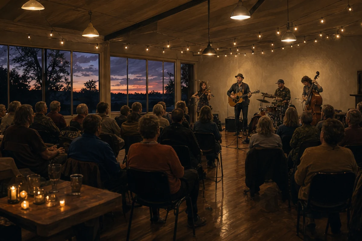 Illustration of a small community live-music performance with a local band in a welcoming hall. Alternate light or weather.