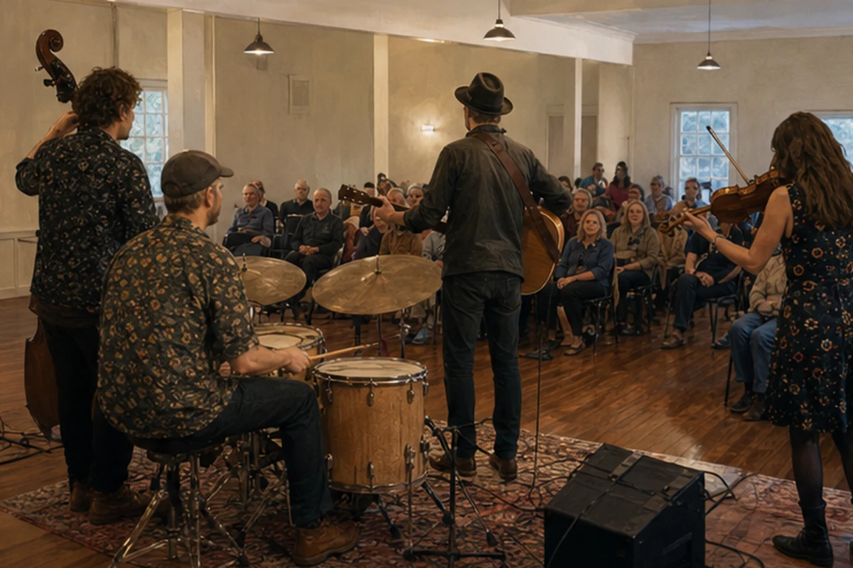 Illustration of a small community live-music performance with a local band in a welcoming hall. Alternate viewpoint.