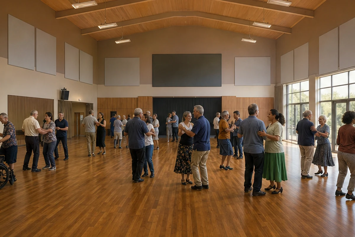 Illustration of an inclusive adult social-dance session in a spacious community hall. Wide establishing view.