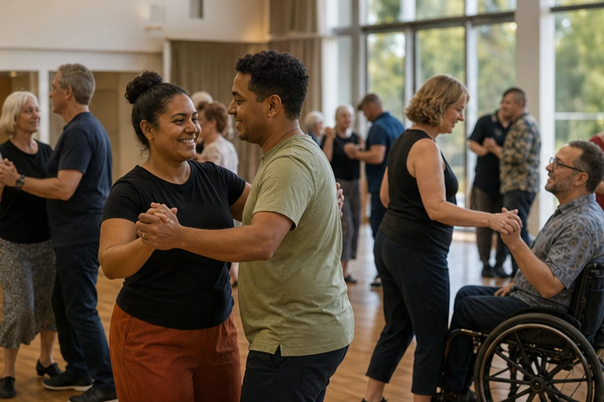 Illustration of an inclusive adult social-dance session in a spacious community hall. Candid participation view.