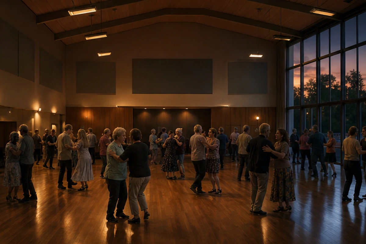 Illustration of an inclusive adult social-dance session in a spacious community hall. Alternate light or weather.