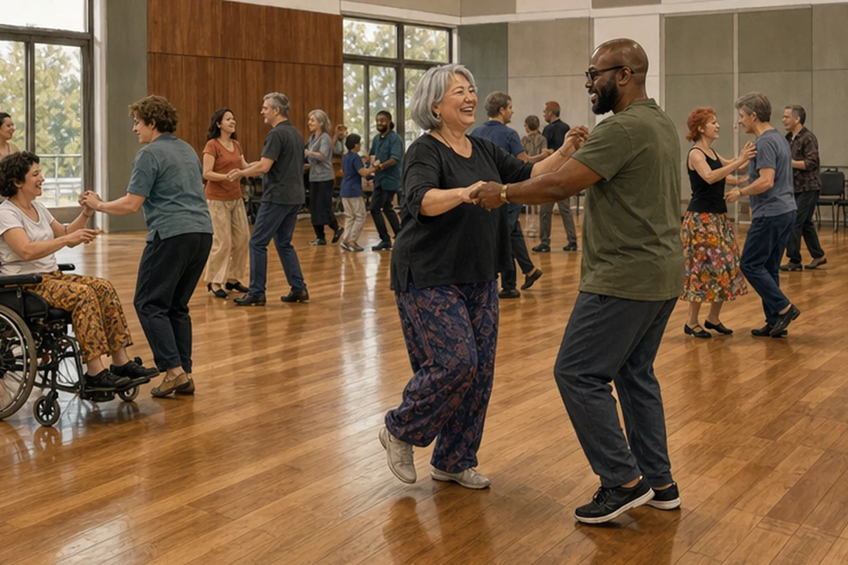 Illustration of an inclusive adult social-dance session in a spacious community hall. Alternate viewpoint.