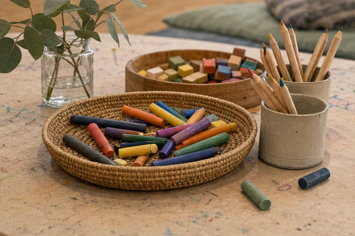 Illustration of a calm family activity session with creative play for children and carers in a civic venue. Detail-led view.