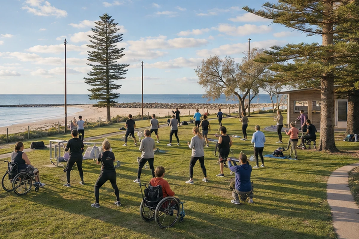 Illustration of an inclusive community recreation session with mixed-ability outdoor fitness activities. Wide establishing view.