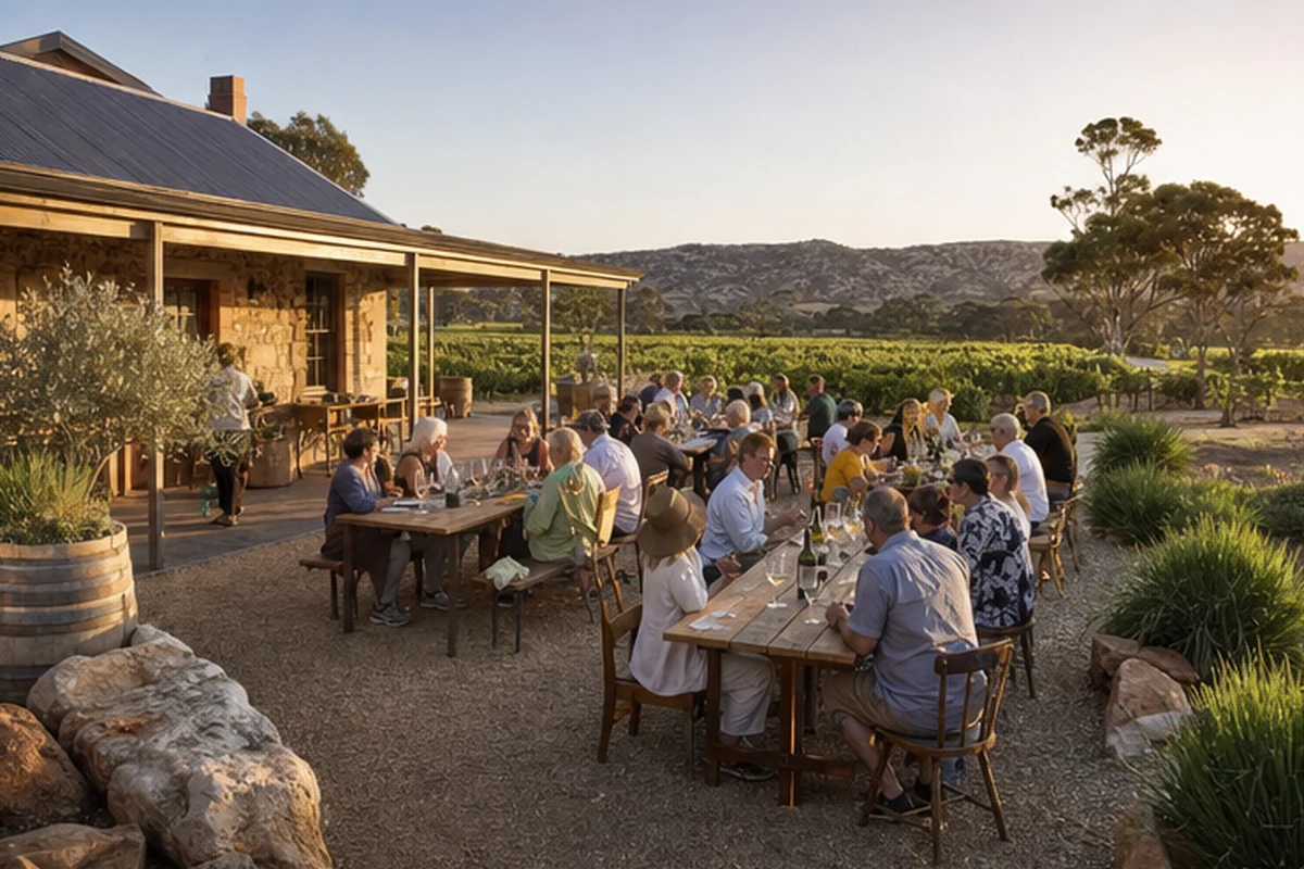 Illustration of a small regional food-and-wine tasting with shared tables and restrained editorial styling. Wide establishing view.