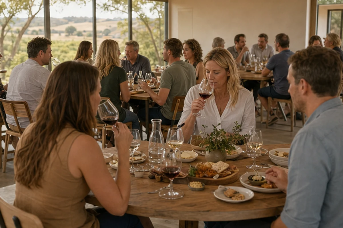 Illustration of a small regional food-and-wine tasting with shared tables and restrained editorial styling. Candid participation view.