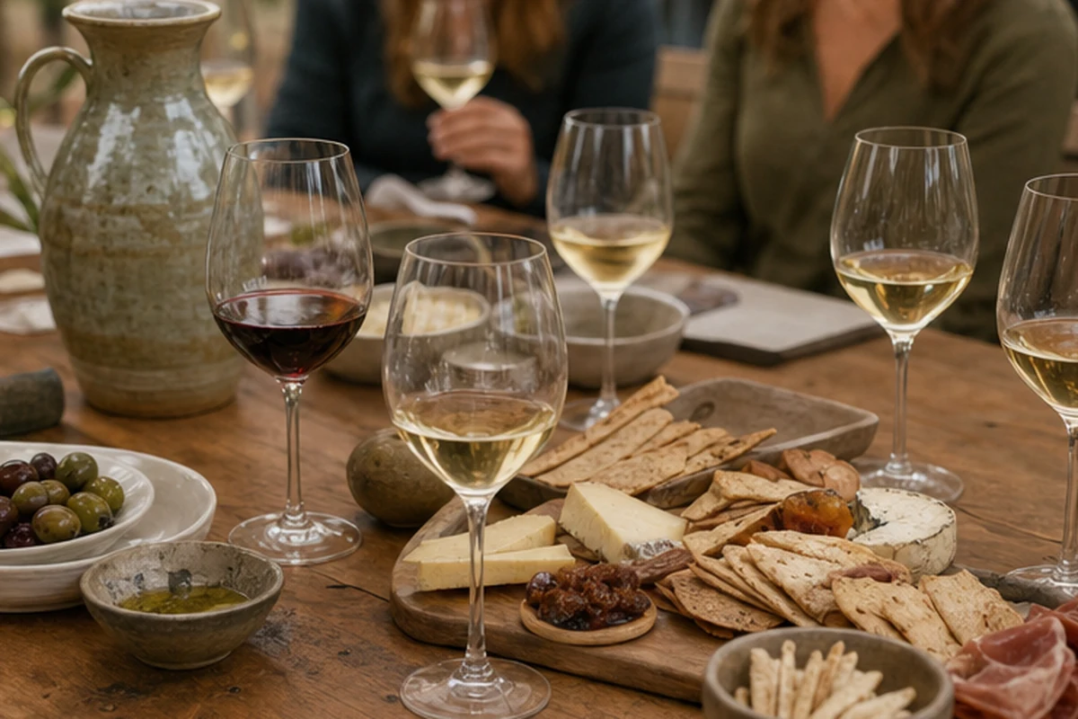 Illustration of a small regional food-and-wine tasting with shared tables and restrained editorial styling. Detail-led view.
