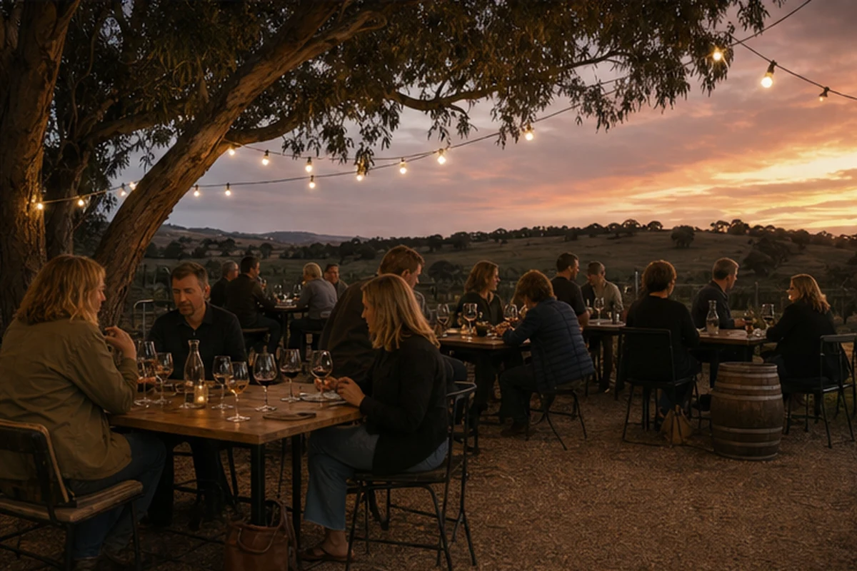 Illustration of a small regional food-and-wine tasting with shared tables and restrained editorial styling. Alternate light or weather.