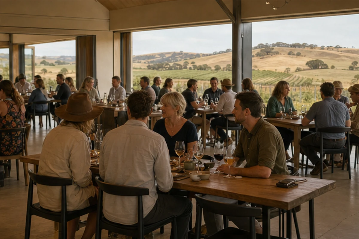 Illustration of a small regional food-and-wine tasting with shared tables and restrained editorial styling. Alternate viewpoint.