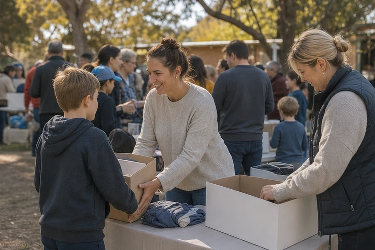 Illustration of a community fundraising gathering with volunteers running simple activity and donation tables. Candid participation view.