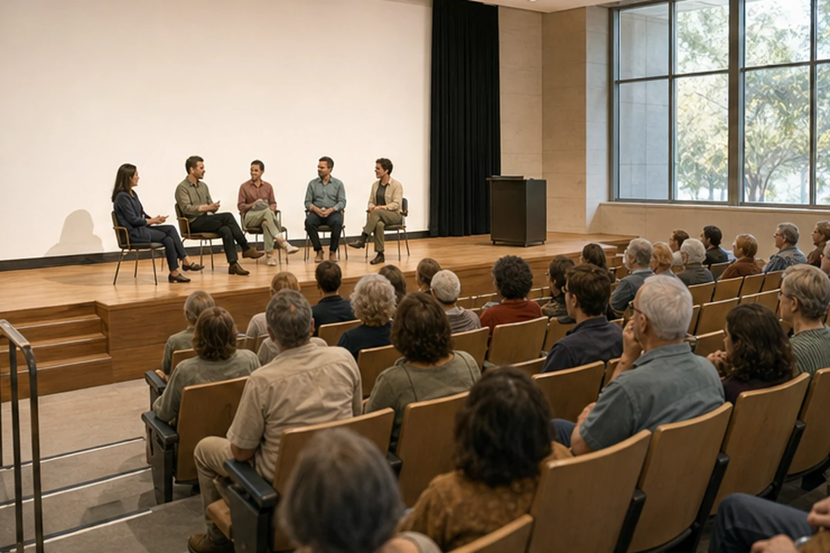 Illustration of a public talk and panel conversation with an attentive audience in a small lecture theatre. Wide establishing view.