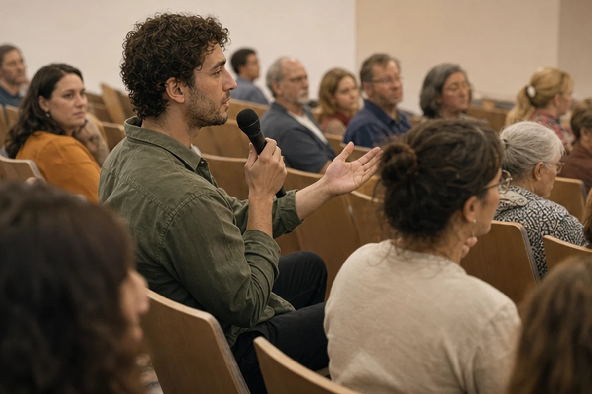 Illustration of a public talk and panel conversation with an attentive audience in a small lecture theatre. Candid participation view.