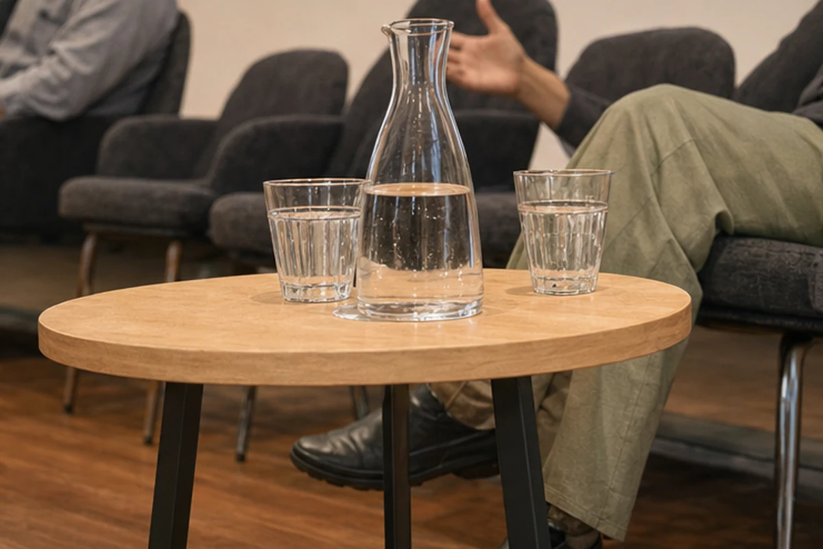 Illustration of a public talk and panel conversation with an attentive audience in a small lecture theatre. Detail-led view.