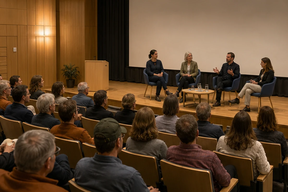 Illustration of a public talk and panel conversation with an attentive audience in a small lecture theatre. Alternate light or weather.
