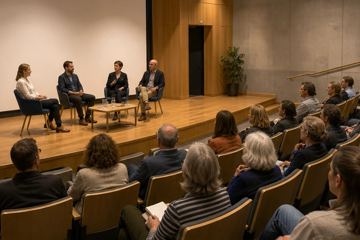 Illustration of a public talk and panel conversation with an attentive audience in a small lecture theatre. Alternate viewpoint.