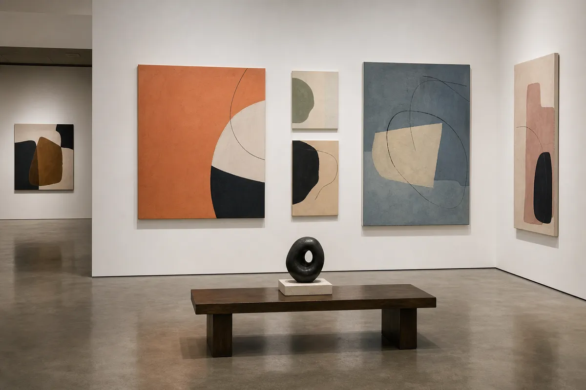 Illustration of a contemporary gallery exhibition featuring original abstract artworks.