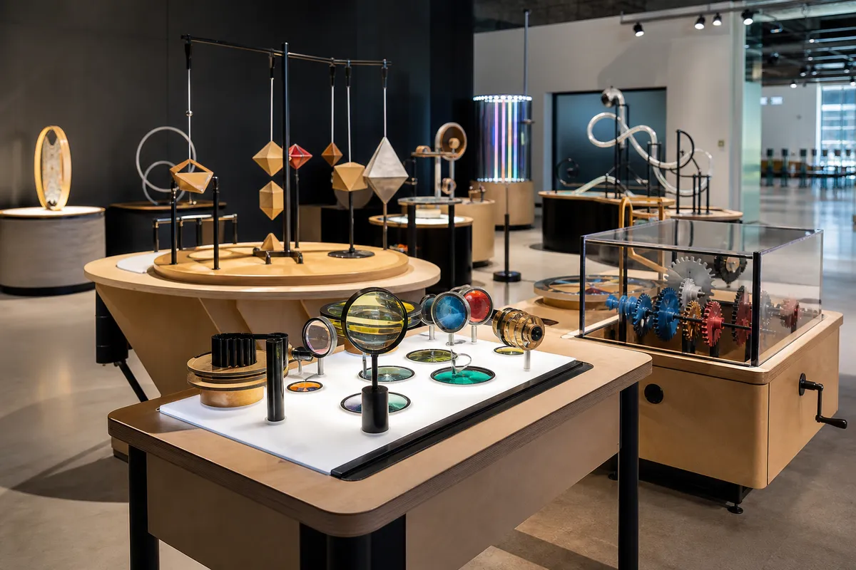 Illustration of an interactive science exhibition in a modern public gallery.