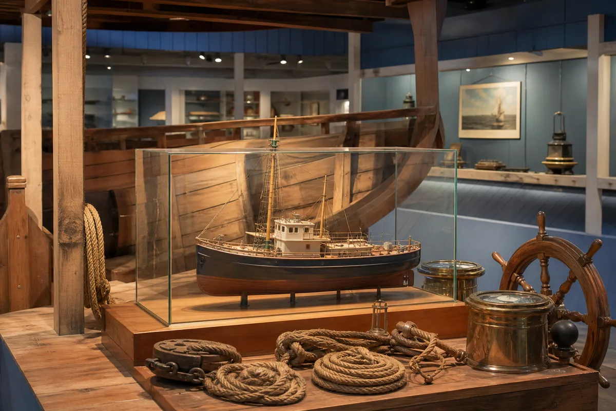 Illustration of a maritime museum exhibition with historic boats and nautical objects.