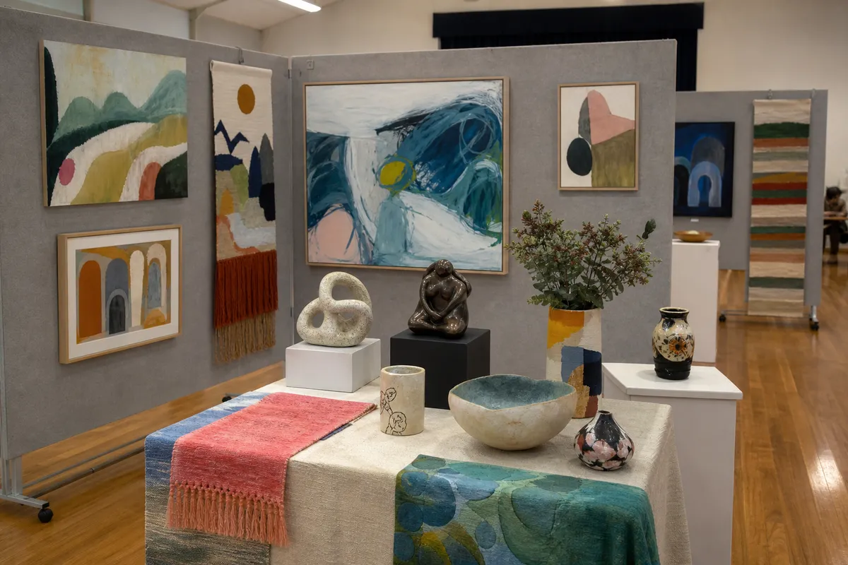 Illustration of a community art exhibition in a welcoming local gallery.