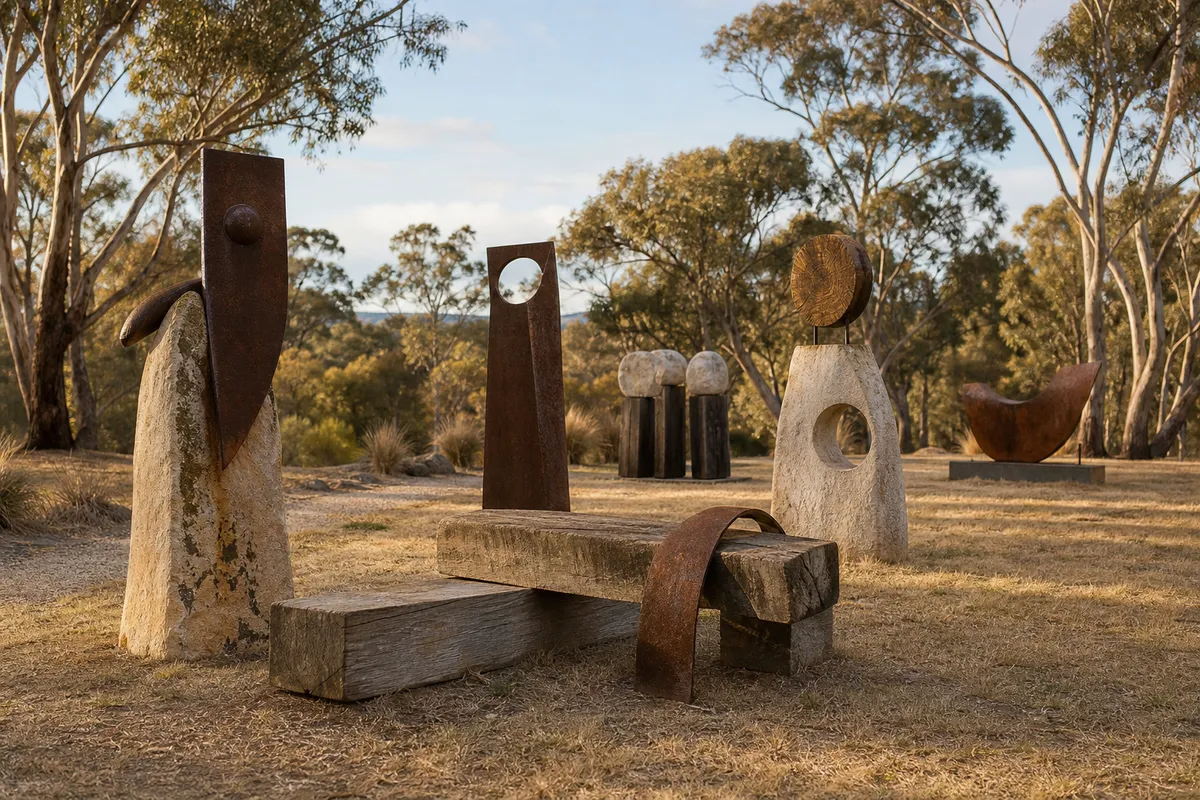 Illustration of an outdoor exhibition of original contemporary sculptures.