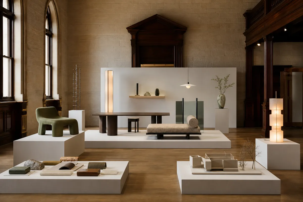 Illustration of a design exhibition inside a regional heritage building.