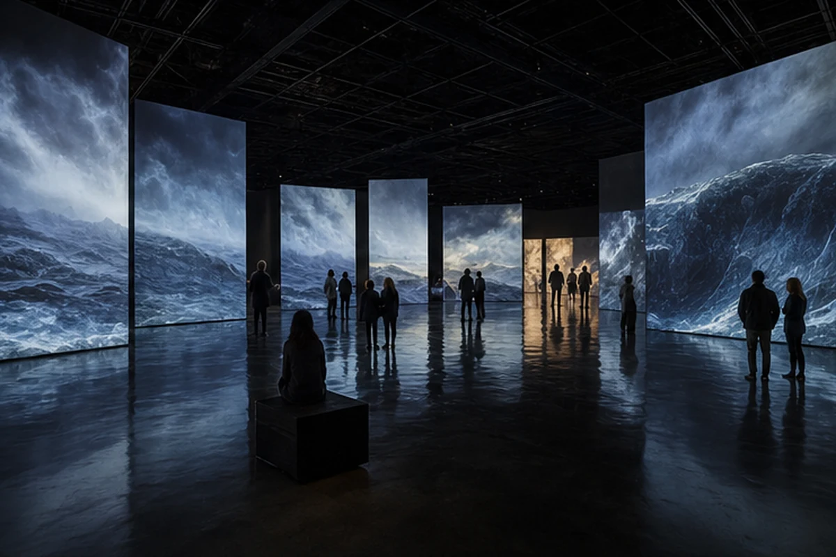 Illustration of a sophisticated immersive digital-art exhibition in a dark contemporary gallery. Alternate light or weather.
