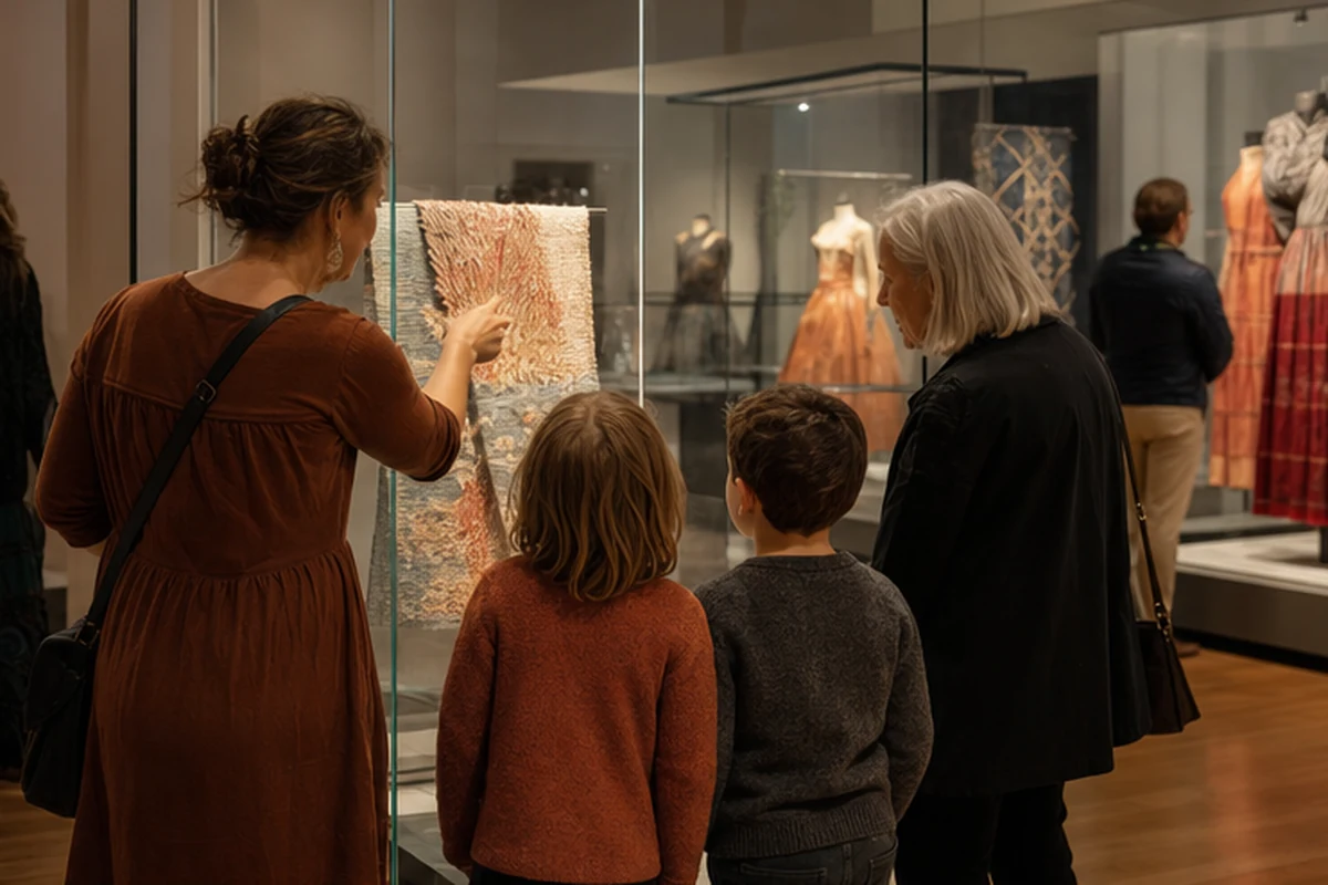 Illustration of a textile and fashion exhibition with original garments and fabric works in museum cases. Candid participation view.