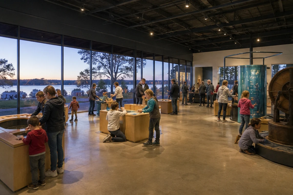 Illustration of a family-focused hands-on exhibition with children using robust interactive displays. Wide establishing view.