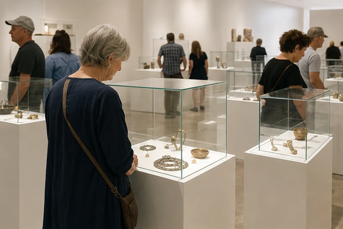 Illustration of a contemporary jewellery and metalwork exhibition with small original objects in clean cases. Alternate viewpoint.