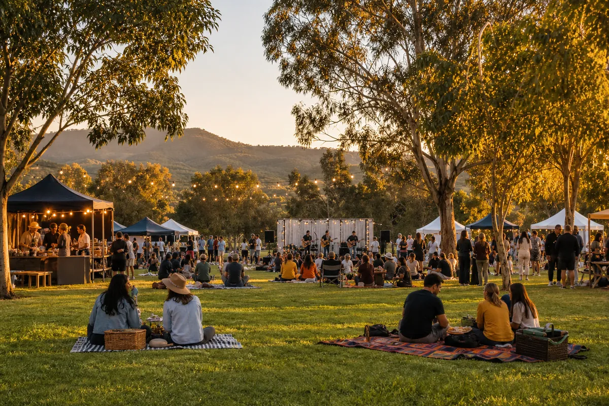 Illustration of an outdoor community festival on an Adelaide park lawn at golden hour.