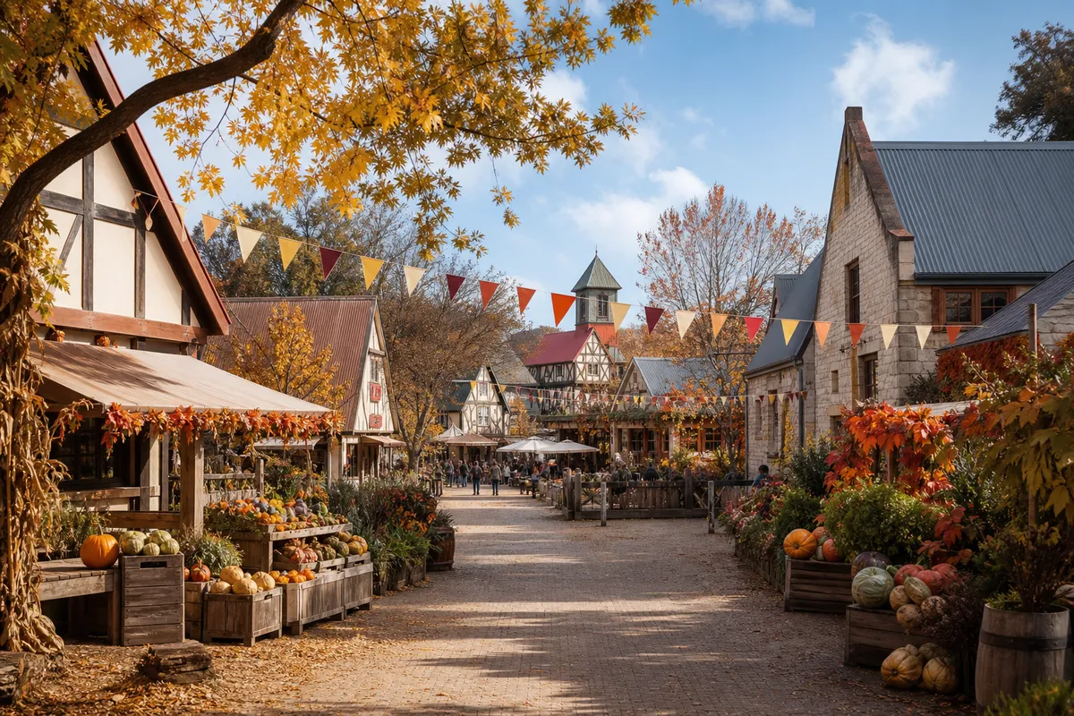 Illustration of an autumn harvest celebration in an Adelaide Hills village setting.