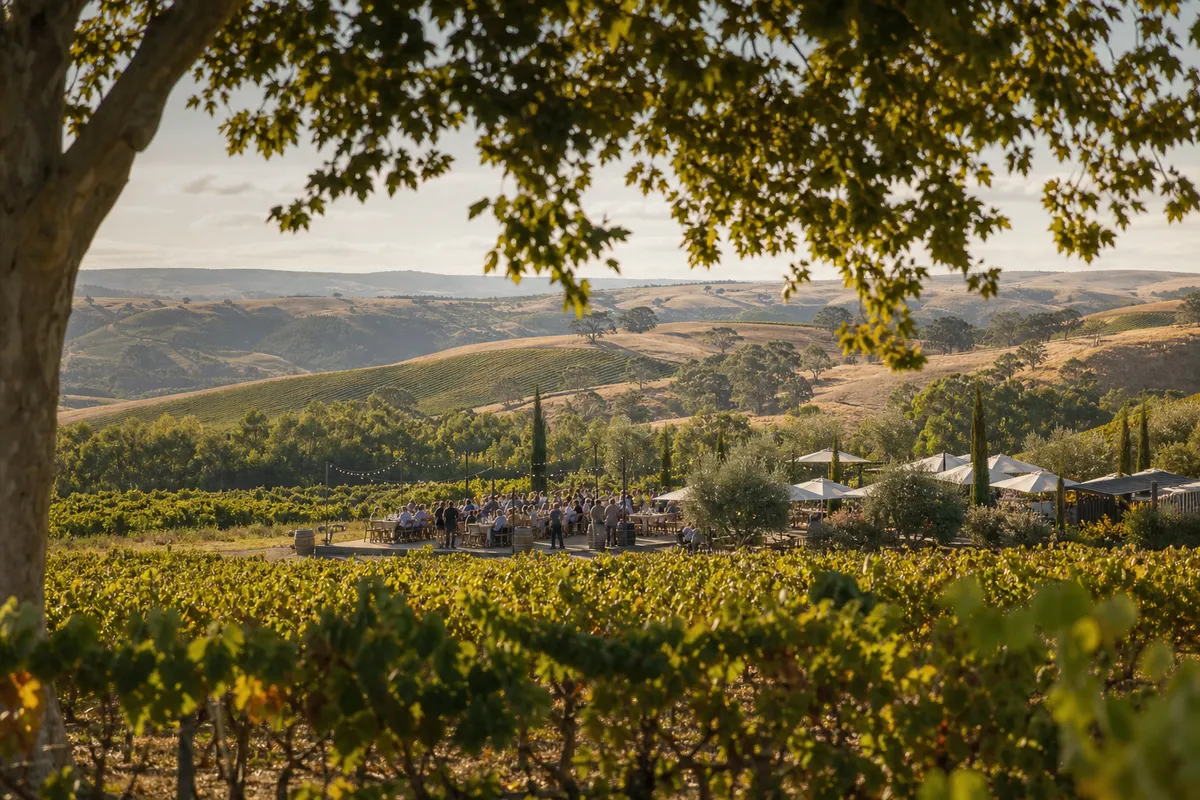 Illustration of an outdoor grape harvest gathering among South Australian vineyards.