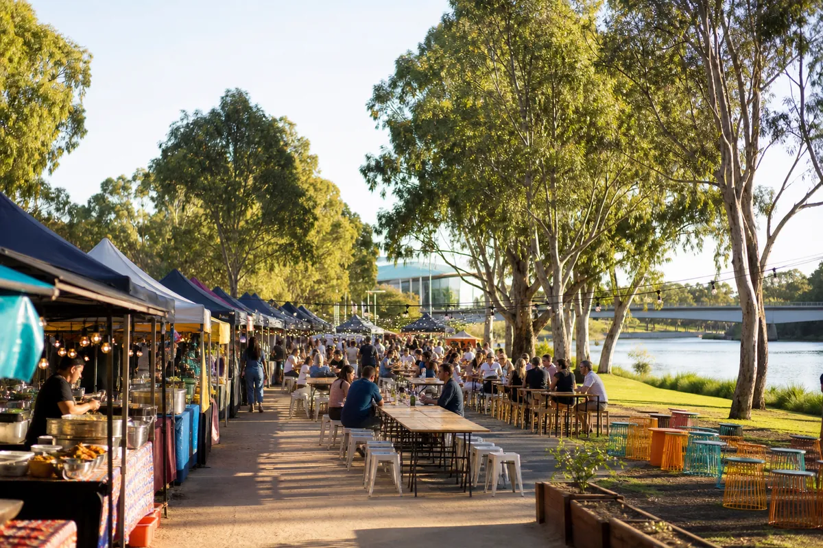 Illustration of a multicultural food festival beside a South Australian river.