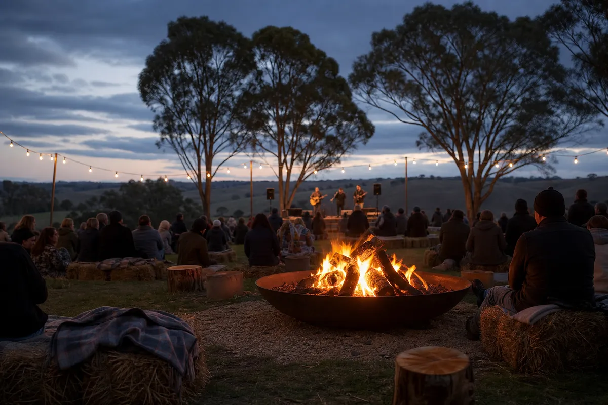Illustration of a winter country festival with fire pits and live music.