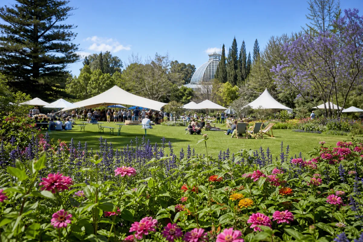 Illustration of a spring garden festival among colourful flower beds.