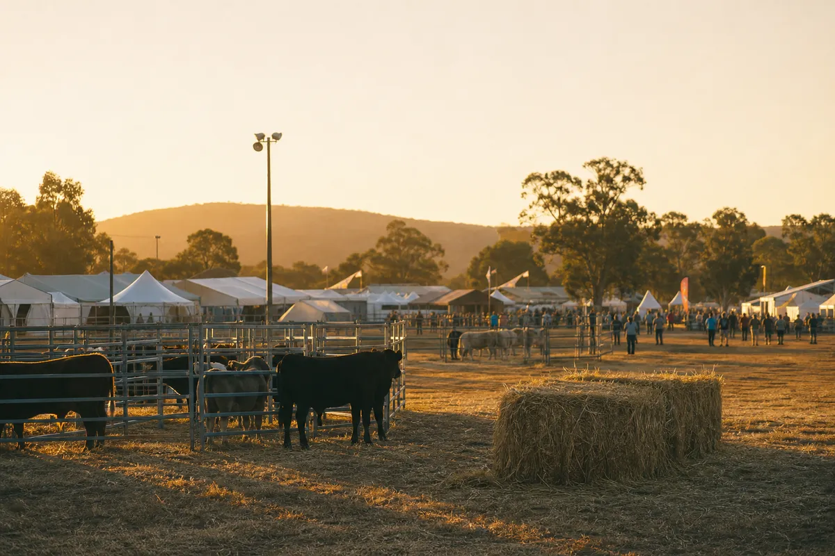 Illustration of a regional agricultural showground at warm late afternoon light.