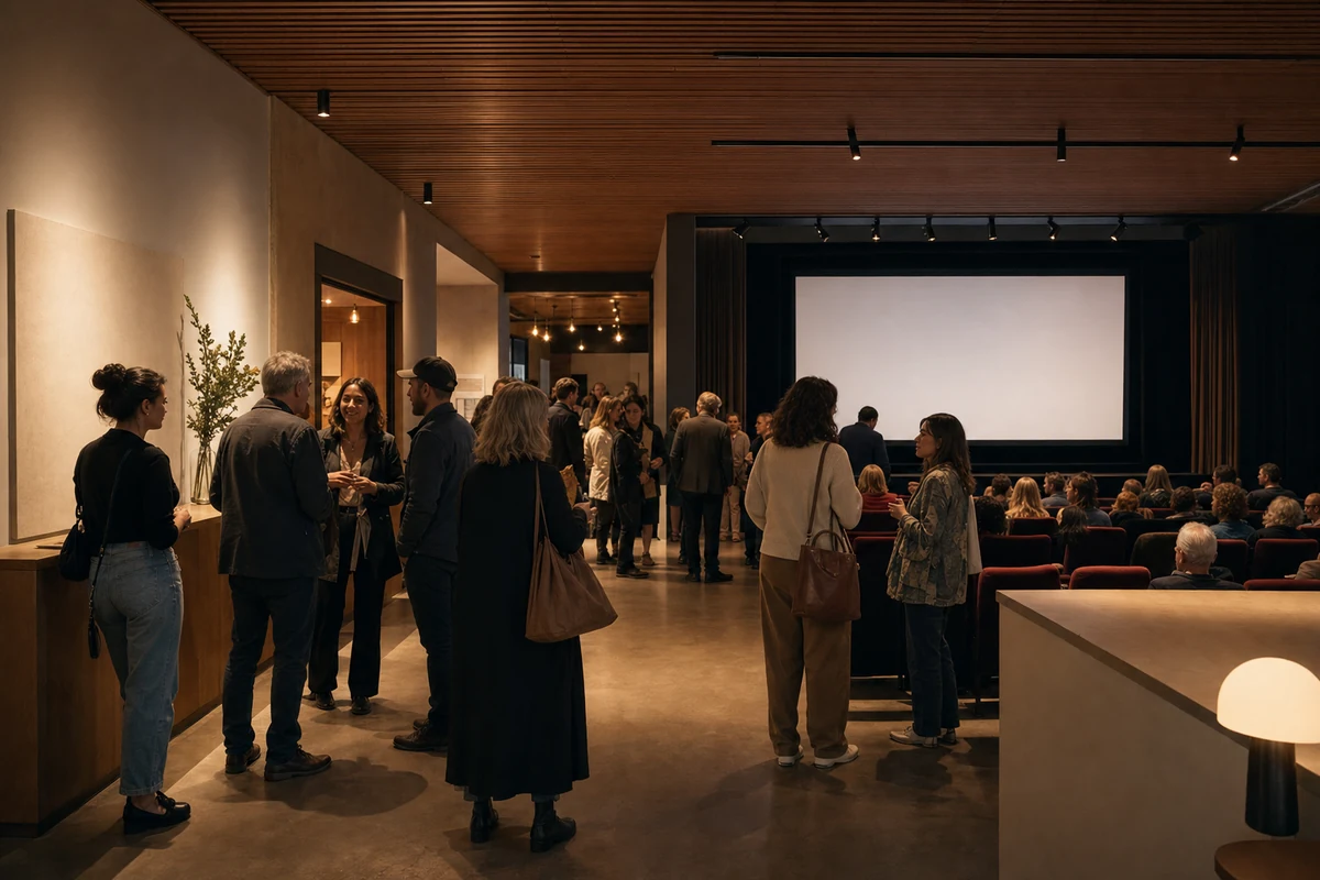 Illustration of an independent film festival gathering in a small contemporary cinema foyer and screening space. Wide establishing view.